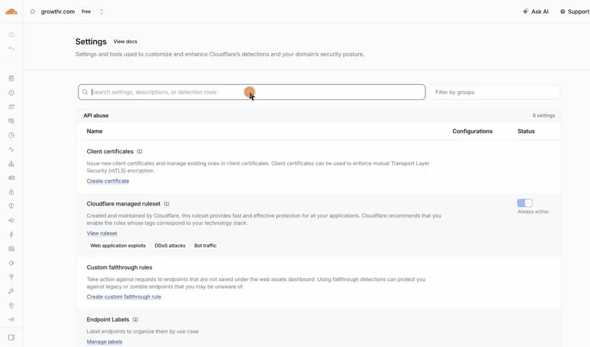 Animated capture of the Cloudflare dashboard for growthr.com: the Security Settings page is searched for AI bot, the Configure AI bot policies row is opened, and a panel shows three rows, Search, Agent, and Training, each set to Allow (do not block) with a Recommended tag, plus a Bot Preference Sync toggle
