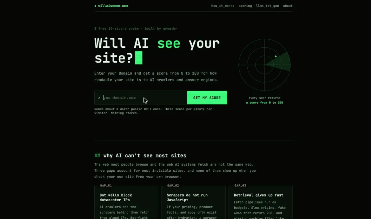 Animated capture of willaiseeme.com scanning growthr.com: the domain is typed in, the scan runs, and the result shows a score of 100 with OK rows for homepage loads from a datacenter IP, reachable as GPTBot HTTP 200, reachable as ClaudeBot HTTP 200, real content without JavaScript, metadata, JSON-LD, Organization schema, robots.txt lets AI crawlers in, llms.txt exists, and sitemap.xml exists