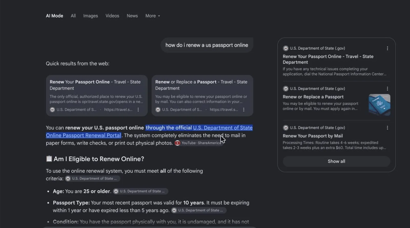 Google AI Mode result for how do i renew a us passport online: a Quick results from the web section at the top with two U.S. Department of State cards, Renew Your Passport Online and Renew or Replace a Passport, each with a one-line description, above the AI answer with the State Department's portal as an inline link, and three State Department sources in a right-hand panel