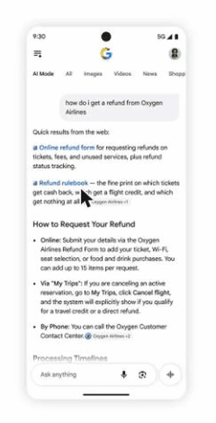 Google's mockup of the official sites test on a phone: the query how do i get a refund from Oxygen Airlines, then Quick results from the web listing Online refund form for requesting refunds on tickets, fees, and unused services, plus refund status tracking, and Refund rulebook, the fine print on which tickets get cash back, before the AI answer's step-by-step instructions