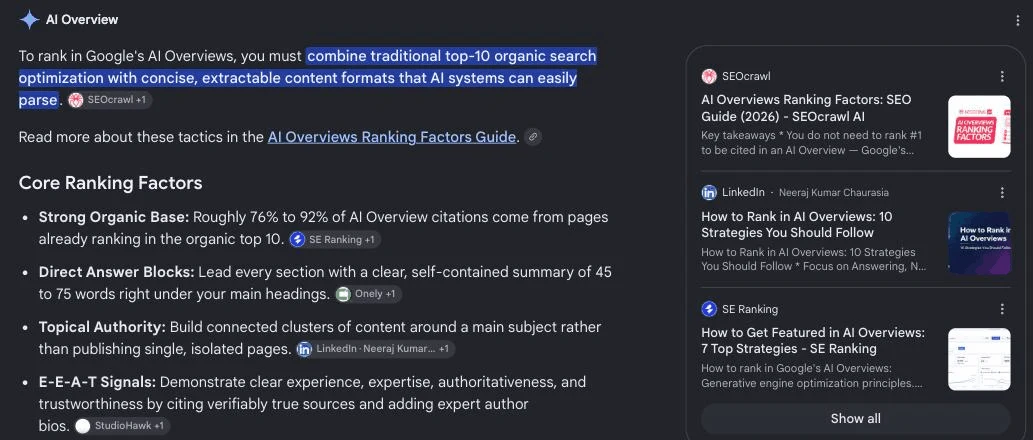 Google's AI Overview for the search how to rank in ai overviews, with a written answer on the left and the three pages it links on the right: SEOcrawl, a LinkedIn article, and SE Ranking