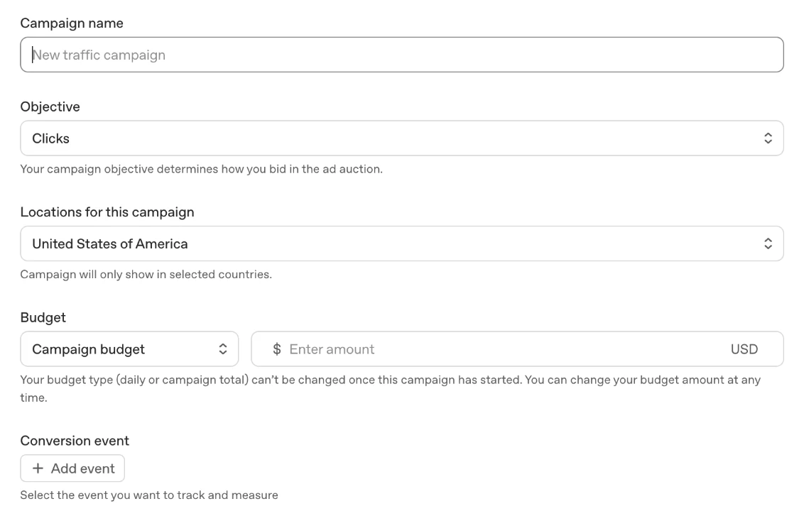 OpenAI Ads Manager new campaign form with fields for campaign name, objective, locations, budget, and conversion event